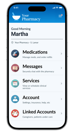 Patient portal home screen showing medications, messages, services, and account