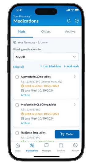 Patient portal medications screen showing prescriptions and refill status
